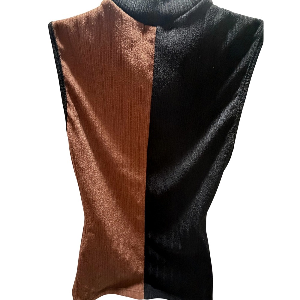 Entro Women Colorblock Sleeveless Mock Neck Top Black Rust Brown Two Tone Large